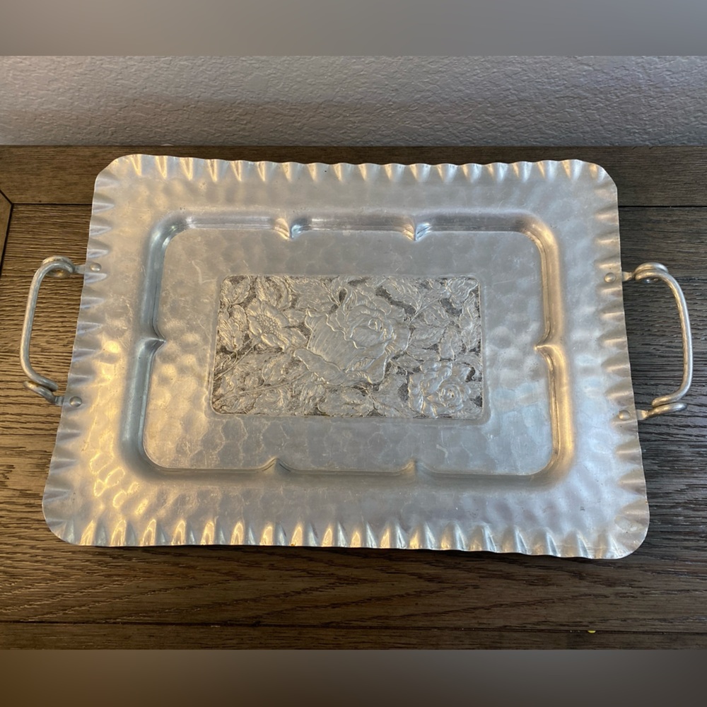 Vintage 1950s Cromwell Hand Wrought Aluminum Tea Tray Roses Floral